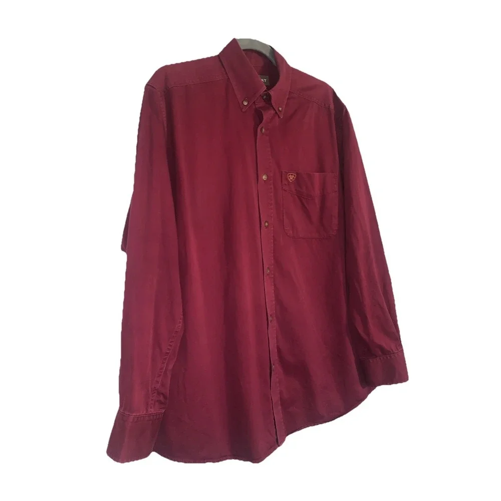 ARIAT Shirt Mens M Burgundy Cotton Twill Classic Fit Button Western Cowboy Rodeo